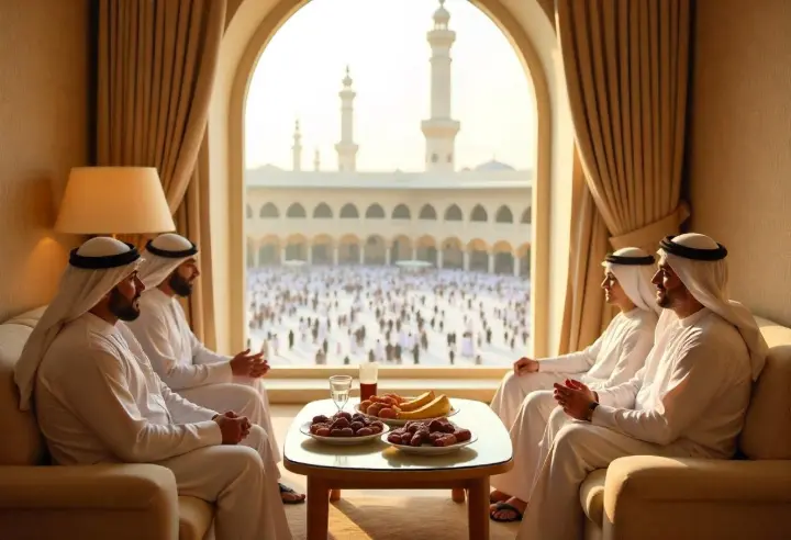 luxurious hotel room with a Haram view