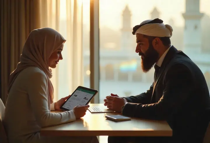 reviewing Umrah brochures and hotel options on a tablet — modern Islamic office setting