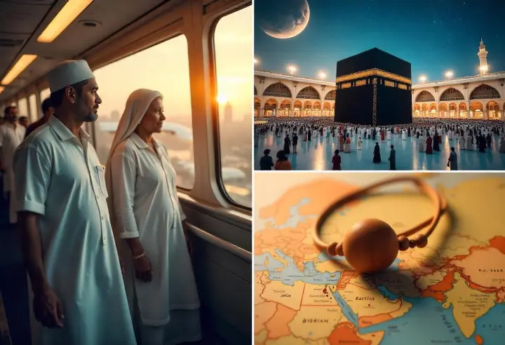 Collage of pilgrims flying from Kolkata and the Kaaba at sunset representing an affordable Umrah package