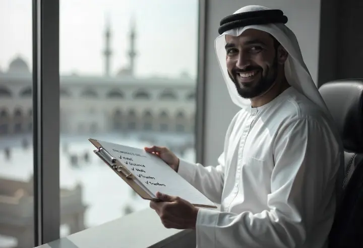 Checklist with key Umrah package details in front of Kaaba, reminding what to check before booking”