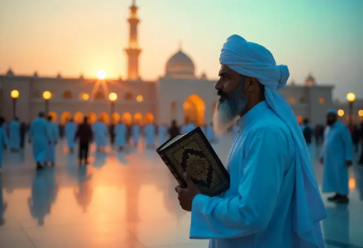 Pilgrim holding Quran at dawn in Makkah, symbolizing spiritual preparation for Umrah